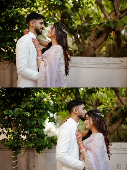 A collage of tender outdoor portraits. The groom's gentle kiss on the bride's forehead is a perfect, heartfelt moment from their engagement day.
