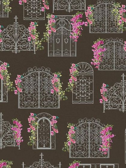 The bougainvillea pattern on a warm brown background, creating an earthy and rustic feel.