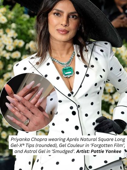 Priyanka Chopra's rounded Gel-X tips at the Met Gala. This look shows how extensions can be used to create a natural yet flawless nail shape.