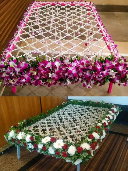 Two more real flower canopy designs. One features purple orchids for an exotic look, while the other uses a classic combination of red and white flowers.
