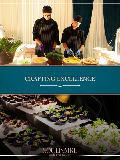 A collage about crafting excellence, showing our chefs at work and our beautiful buffet displays. We are dedicated to inspiring and delighting with every detail.