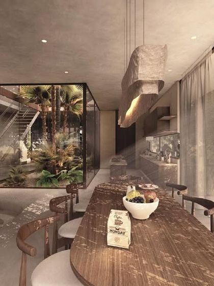 This render of the House of Veils shows the interplay of different zones. The sunken living pit, dining area, and interior courtyard are all visually connected, creating a layered and dynamic social space.