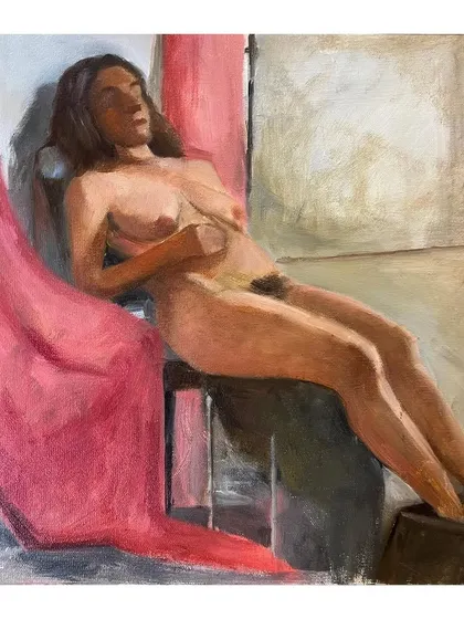 Another pose from the same figure study session. Here, I explored a reclining pose, focusing on the interplay of light on the form and the texture of the pink drapery.
