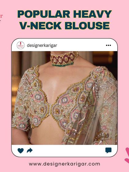 A popular heavy V-neck blouse design. This piece features intricate, multi-colored embroidery with a scalloped edge, perfect for a bridal lehenga.