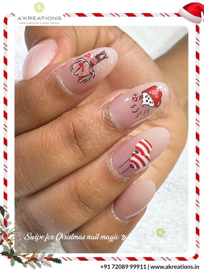 A creative take on festive nails, this design on long almond extensions features charming illustrations of a scarf, Santa hat, and holiday balloon.