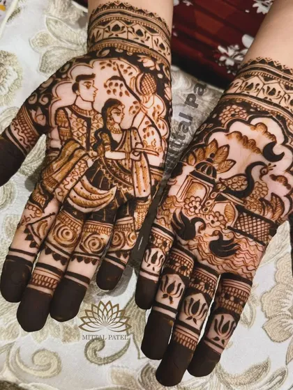 An intricate design perfect for festivals. One hand depicts a couple during a ceremony, while the other features a beautiful peacock and diya design.