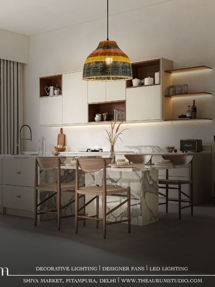 This version of the kitchen pendant features a multi-colored band, adding a unique, artisanal touch. It shows how I can customize fixtures to bring a new dimension of sophistication to a space.