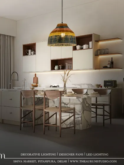 This version of the kitchen pendant features a multi-colored band, adding a unique, artisanal touch. It shows how I can customize fixtures to bring a new dimension of sophistication to a space.