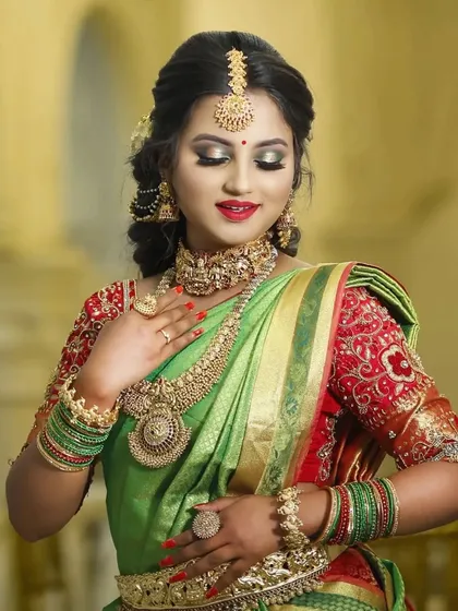 A series of photos showing a bride in a green saree with our stunning temple jewellery. The different poses highlight the choker, haram, bangles, and maang tikka.