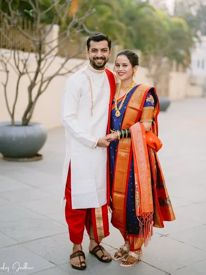 A timeless portrait of Sayali and Gaurav. Their confident smiles and traditional Peshwai wedding outfits make for a powerful and elegant image.