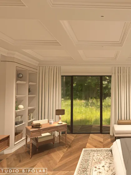 The bedroom includes a study area with a classic wooden desk and built-in bookshelves, set against large windows that look out onto the garden, blending work and relaxation.