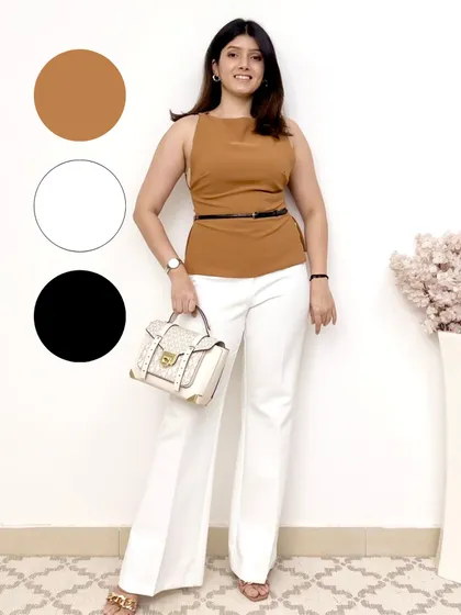 A color combination inspiration post. This look pairs a tan top with white trousers, accented with a black belt and a white bag, creating a chic and neutral palette.