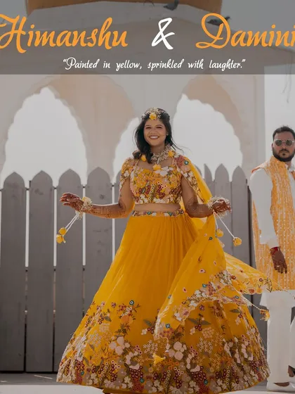 We love bringing a touch of Jaipur's royal aesthetic to our photos. This Haldi portrait session combines elegant couple poses with the architectural beauty of the location, creating a timeless and regal pre-wedding photograph.