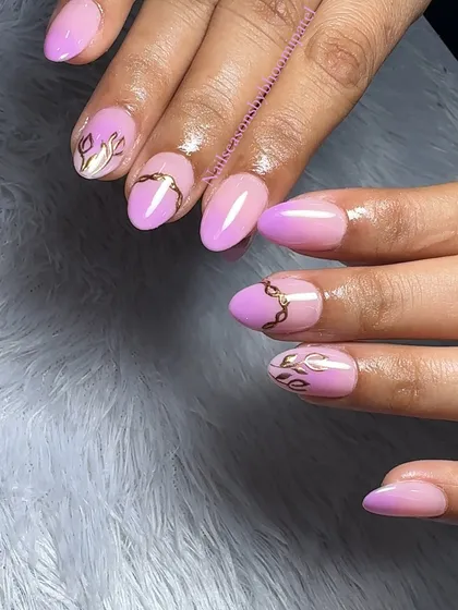 A beautiful lilac ombre with delicate, hand-painted gold floral and chain details.
