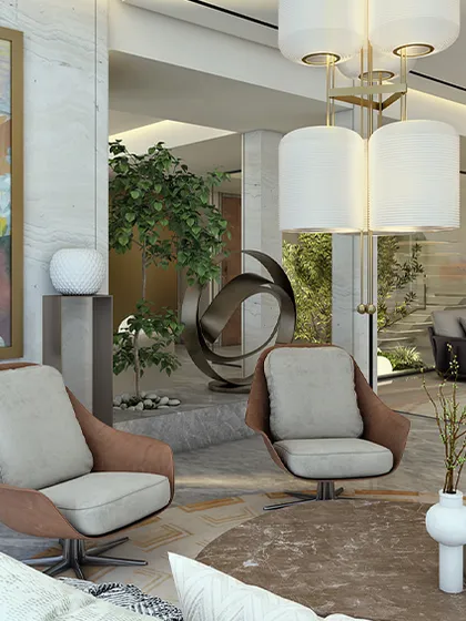 Another view of the Indiabulls Sky Forest living room, showcasing its generous ceiling volumes and multiple seating areas. The design is tuned to long-term comfort, setting a refined tone for vertical living in a high-density tower.