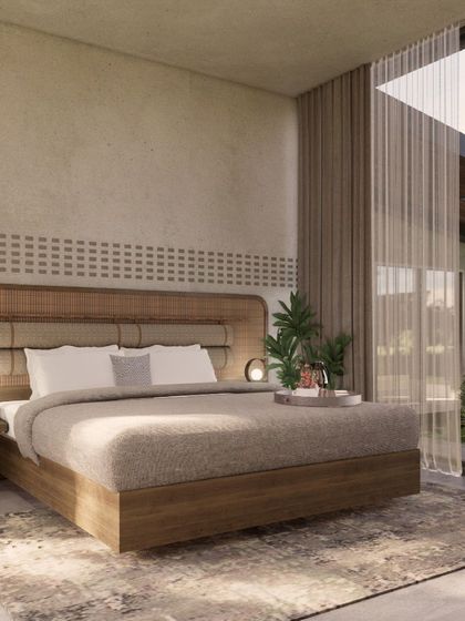 This bedroom render for 'Kasu Vaha' focuses on creating a tranquil space with rich wood accents, a comfortable upholstered headboard, and a seamless view of the private garden.