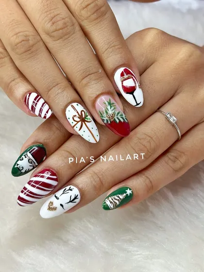 We wish you a merry Christmas with this detailed, hand-painted set featuring reindeer, presents, wine, and candy cane stripes.
