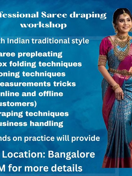 My professional saree draping workshop in Bangalore covers South Indian traditional style, including pre-pleating, box folding, and ironing techniques.