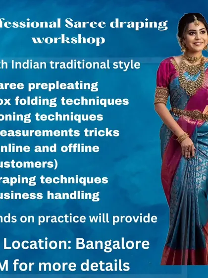 My professional saree draping workshop in Bangalore covers South Indian traditional style, including pre-pleating, box folding, and ironing techniques.