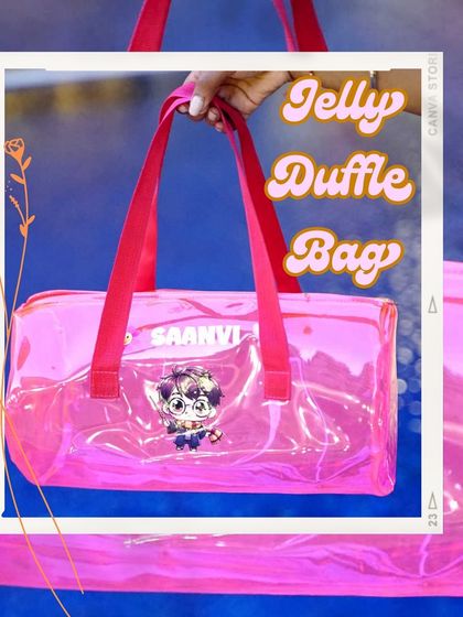 A stylish pink jelly duffle bag customized with the name 'Saanvi' and a cute character patch. These bags are great for sleepovers, pool parties, or as a unique birthday gift.