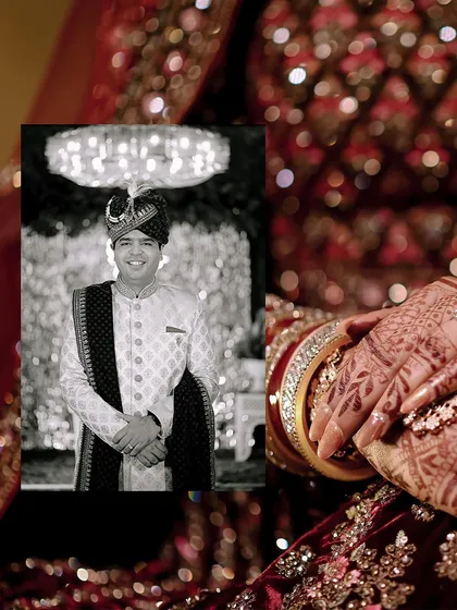 A creative collage blending a black and white portrait of the groom with details of the bride's mehendi.