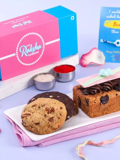 Another variation of our Rakhi gift box, featuring a delicious chocolate chip teacake and assorted cookies.