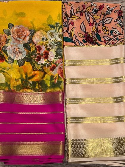 A side-by-side view of two of our floral print pure Mysore crepe silk sarees, showcasing different color palettes and designs.