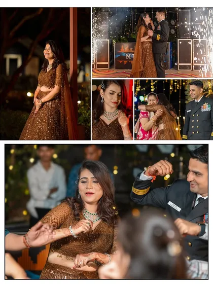 A collage of moments from a beautiful engagement ceremony, from the ring exchange and fireworks to dancing and family hugs.