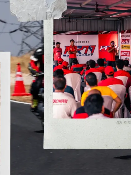 A collage showing a classroom session and on-track action from our track school.