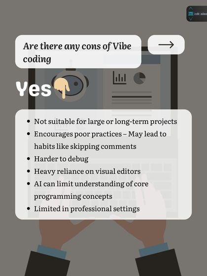 Are there any cons to Vibe coding? Yes. It is not ideal for large projects, can encourage poor habits, and is often limited in professional settings where structure is critical.