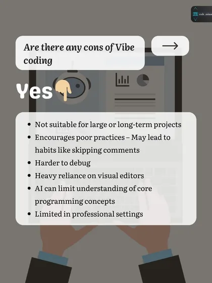 This graphic discusses the potential cons of "Vibe Coding," such as being less suitable for large projects and harder to debug. It provides a balanced view on this trending coding style.