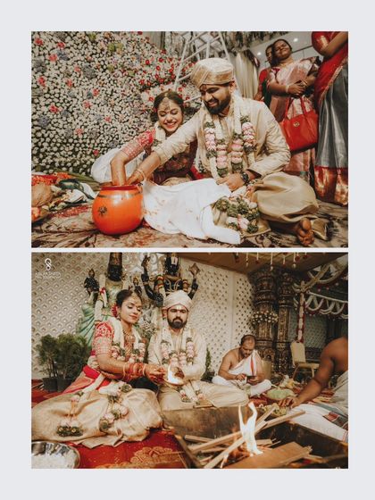 A collage of important wedding rituals, including the homam (holy fire) and other traditional ceremonies.