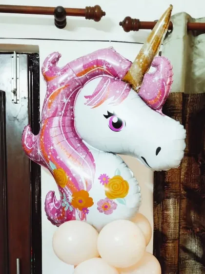 A large, sparkling unicorn head foil balloon on a simple white balloon base. A beautiful and magical addition to any unicorn party.