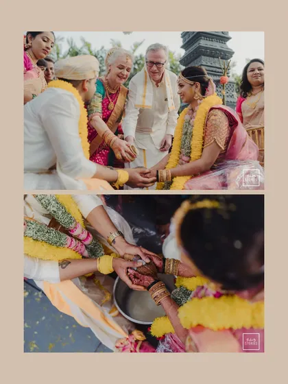 A collage showing the sacred moments of a South Indian wedding ceremony, from family blessings to traditional rituals. I focus on capturing the cultural richness and deep connections of the day.
