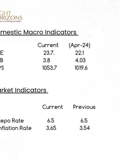 A table of domestic macro and market indicators from our bulletin. This provides a quick overview of the current financial environment, including P/E, P/B, EPS, Repo Rate, and Inflation Rate.