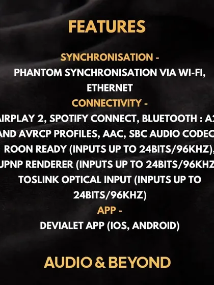 A list of the advanced connectivity features of the Devialet Phantom. It supports synchronization via Wi-Fi, AirPlay 2, Spotify Connect, Bluetooth, and numerous other high-resolution inputs, all controllable through the Devialet app.