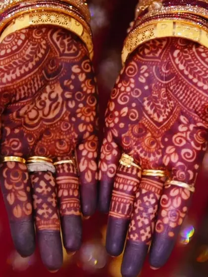 This is the stain goal. A close-up of a deep, mature maroon henna stain on a bride, complete with her beautiful rings. My organic paste guarantees this rich color, which is perfect for wedding photography.