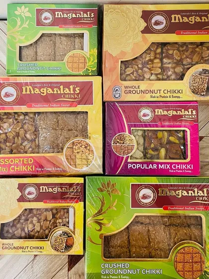 The original Maganlal Chikki, sourced directly from Lonavala. This image shows the variety I stock, including whole groundnut, crushed groundnut, and popular mixed nut chikkis.