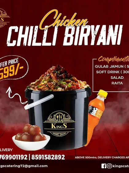 Try something different with our Chicken Chilli Biryani Bucket. It's 3kg of spicy, flavorful biryani that serves 4-5 people. You also get complimentary gulab jamun, a soft drink, salad, and raita for just ₹599.