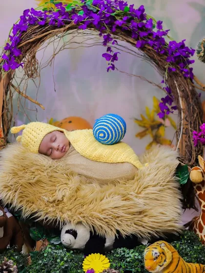 A newborn in a snail costume, sleeping in a basket surrounded by jungle animals and purple flowers. This shows how we can customize themes to your liking.