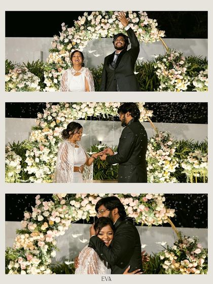 A three-photo story of the engagement moment: the couple's entrance, the ring exchange, and the celebratory hug, all under a beautiful floral arch.
