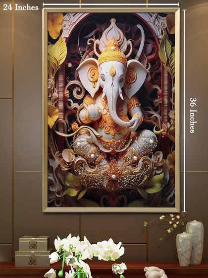 Measuring 24 by 36 inches, this Lord Ganesh crystal glass painting is a beautiful addition to any home, bringing blessings and a sense of divine presence to your decor.