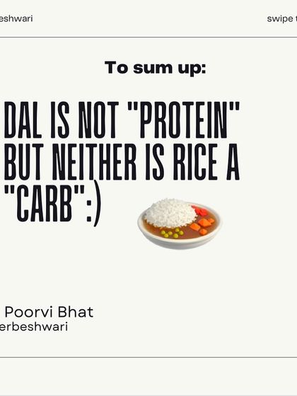 This infographic series tackles the viral claim that "dal is not a protein." I break down the nutritional facts, the importance of cultural context, and why labeling foods as just "carbs" or "protein" strips them of their true value. Ultimately, your digestion and the overall balance of your diet matter more than macronutrient labels.