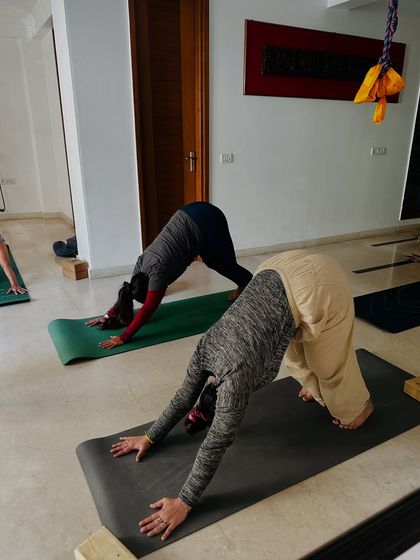 Students practice Adho Mukha Svanasana (Downward-Facing Dog) during our workshop. Even in a basic pose, there are always deeper layers of alignment and awareness to explore.