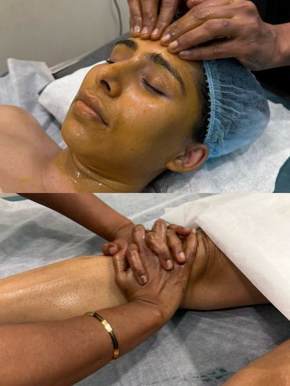 A collage of Twinkle Chourasia's session, showing both a facial treatment and a leg massage. She left feeling relaxed, refreshed, and rejuvenated.
