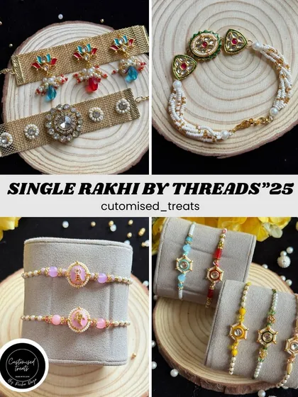A collage of my "Single Rakhi by Threads '25" collection. It showcases the variety, from wide mesh bands to delicate kundan and modern charm rakhis.