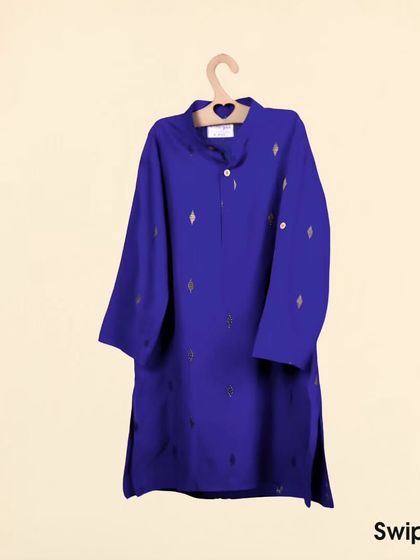 This royal blue kurta with golden buti print is a regal and comfortable choice for any celebration. It's made from soft cotton to ensure your little one can play freely.