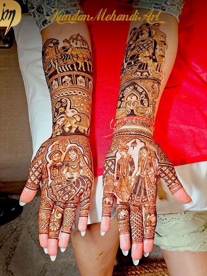 A full bridal design that tells a story. It includes portraits of the couple, a doli scene, and the groom on an elephant, covering all the key moments of a traditional wedding.
