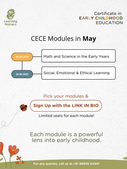 Our CECE modules in May focus on specialized topics, including how to introduce math and science concepts in the early years. We also cover the critical area of social, emotional, and ethical learning for holistic child development.