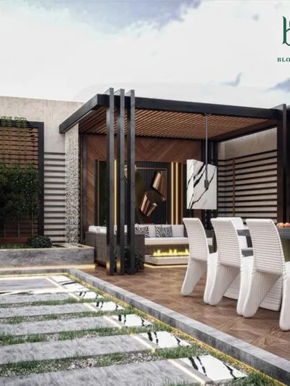 A 3D design concept for a modern terrace dining area. The plan includes a sleek pergola, a comfortable dining set, and integrated lighting within the flooring and planters to create a sophisticated ambiance for evening meals.